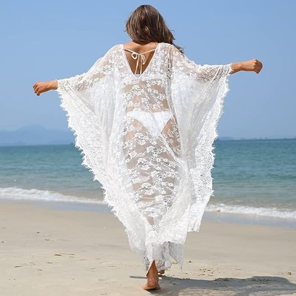 Sheer White Floral Lace Boho Dress Cover Up Beach Swim Gothic Bohemian Lingerie - Picture 8 of 10